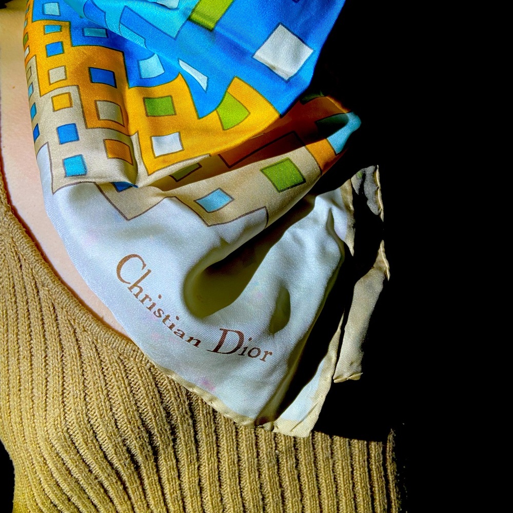 Christian Dior cream, silk scarf with green, yellow and blue geometric squares